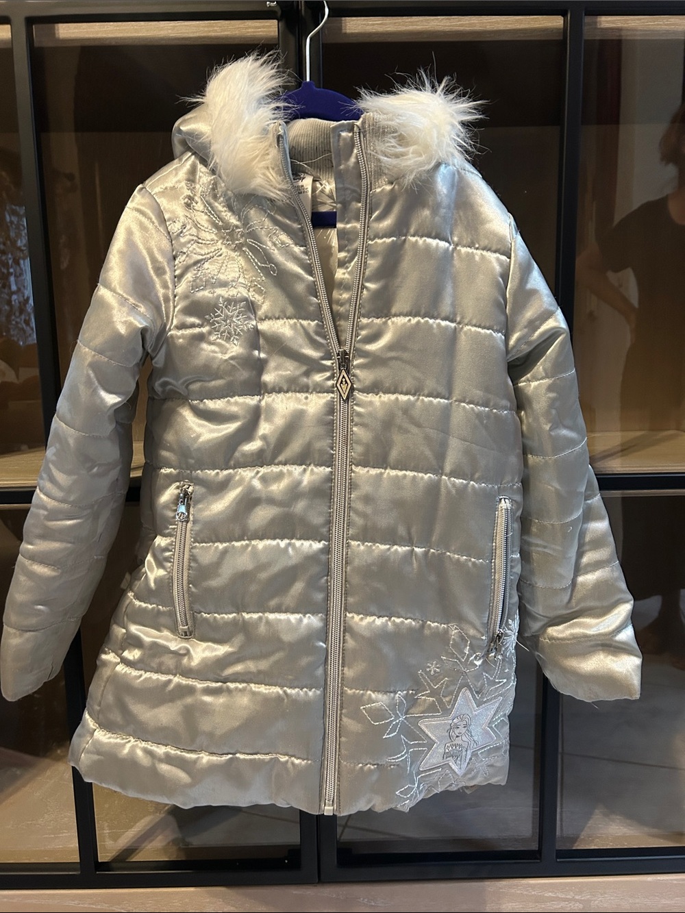 Disney Frozen Silver Hooded Puffer Coat with Faux Fur Trim